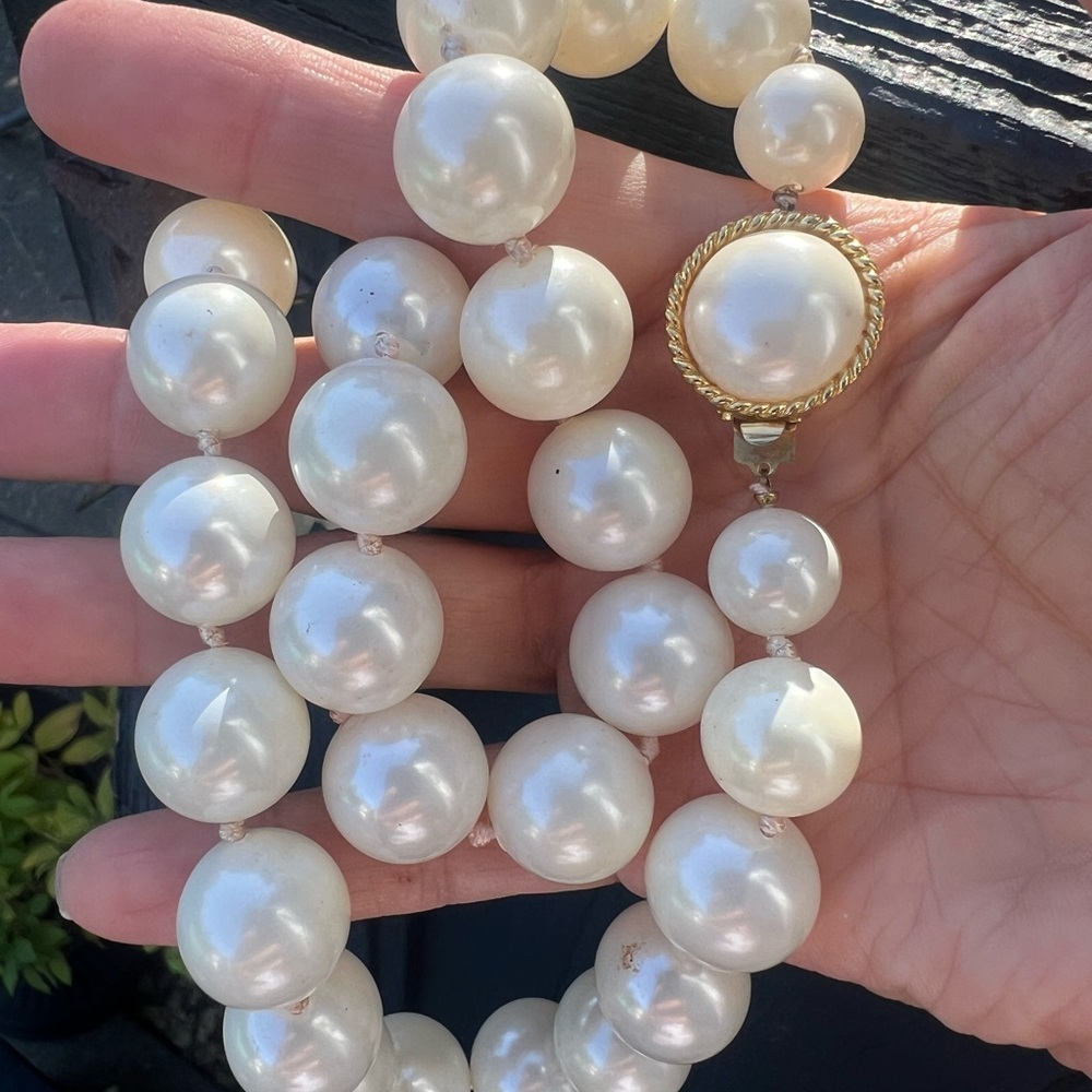 Vintage Signed Marvella Hand Knotted Pearl Necklace Extra Large Pearls